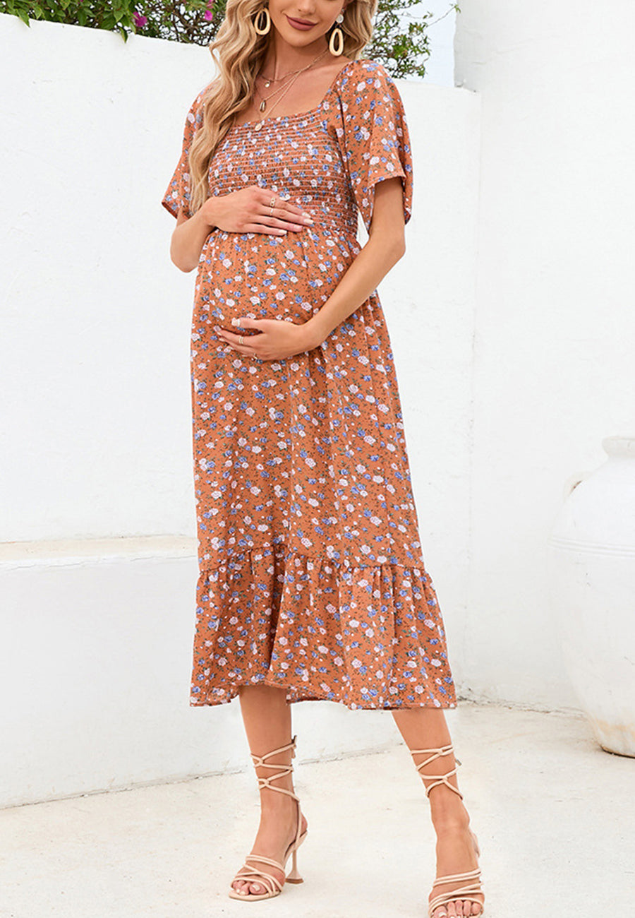 Floral Shirred Short Sleeve Dress