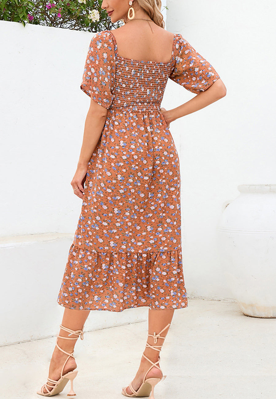 Floral Shirred Short Sleeve Dress