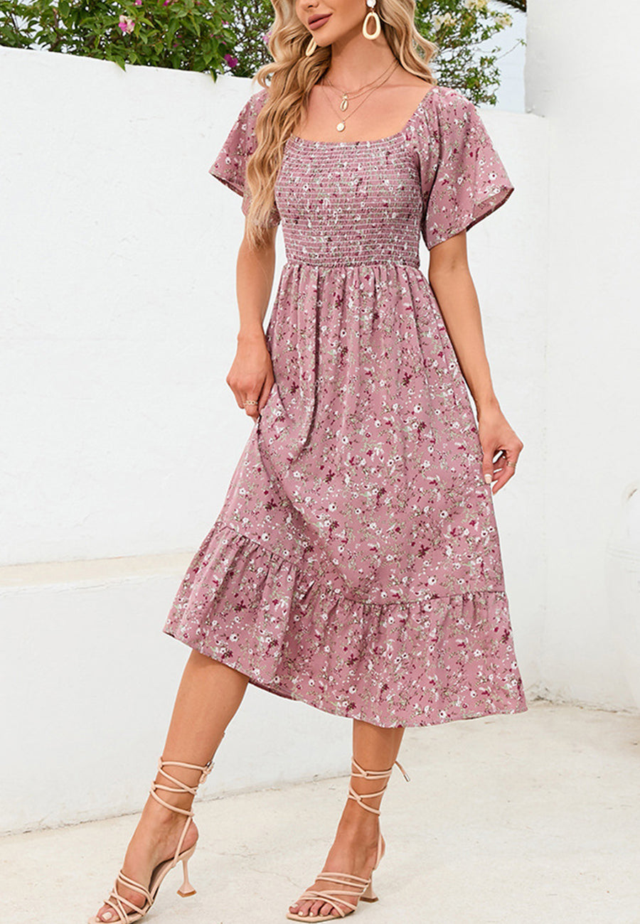 Floral Shirred Short Sleeve Dress