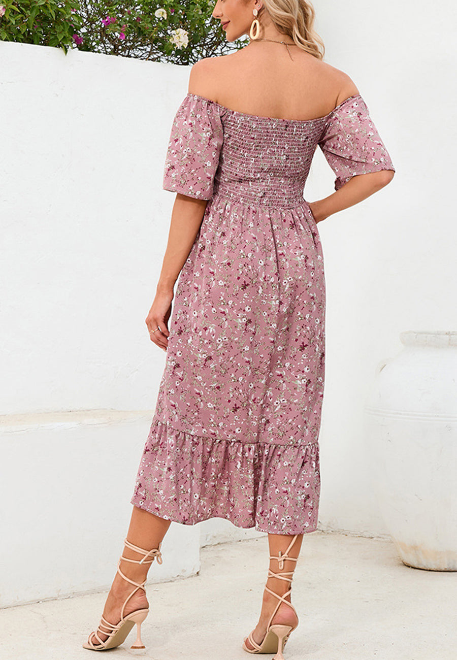 Floral Shirred Short Sleeve Dress
