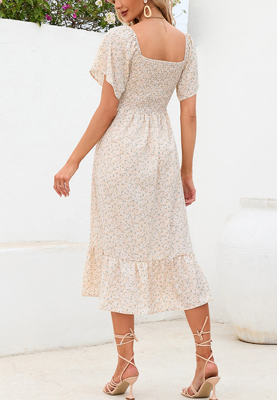 Floral Shirred Short Sleeve Dress