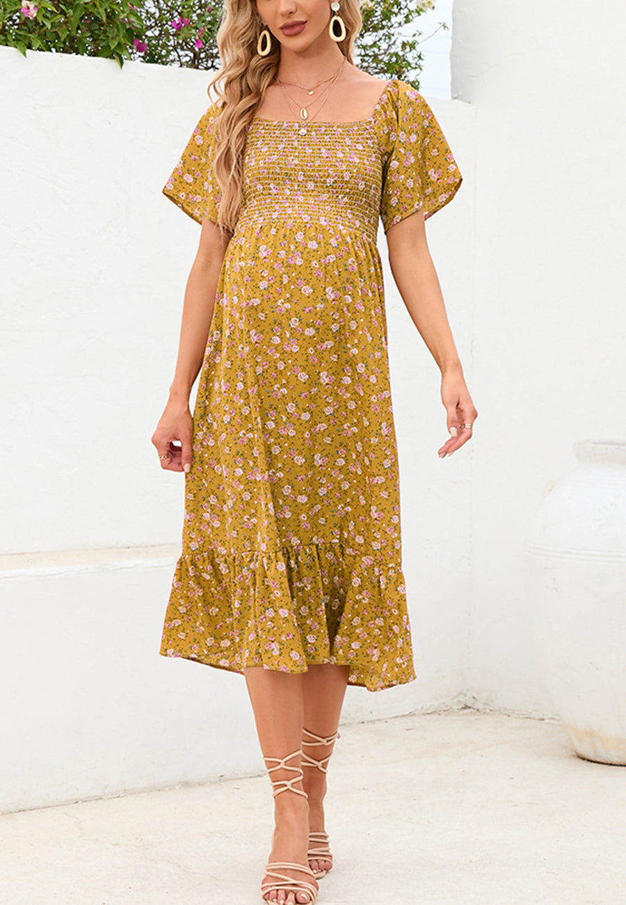 Floral Shirred Short Sleeve Dress