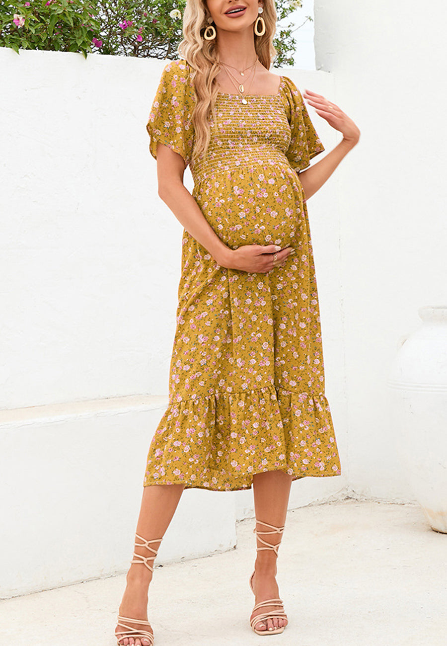 Floral Shirred Short Sleeve Dress