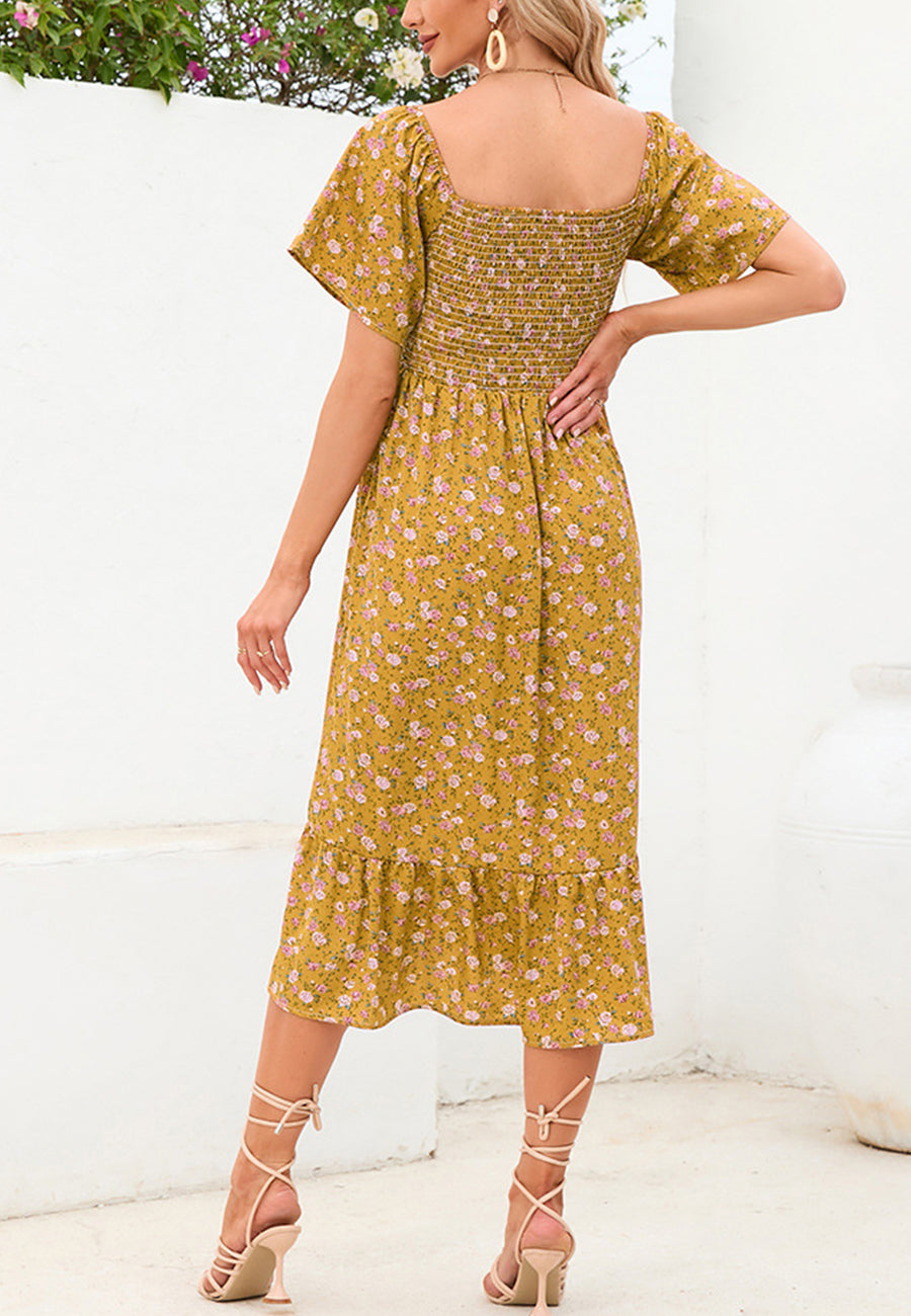 Floral Shirred Short Sleeve Dress