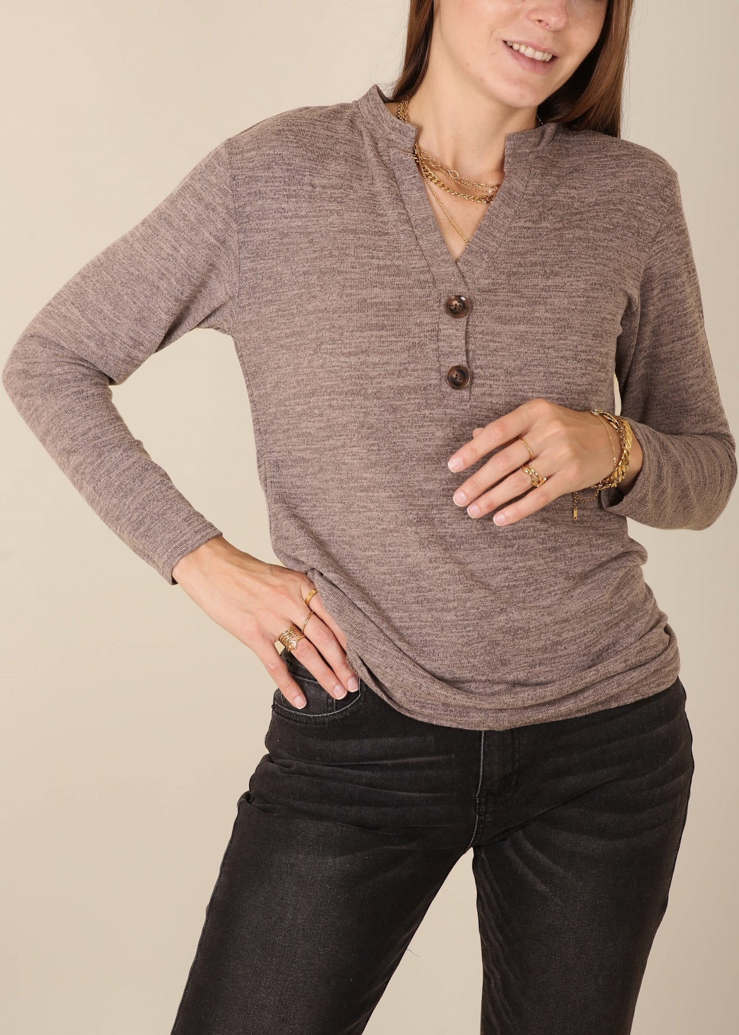 Split V Neck Button Front Sweater