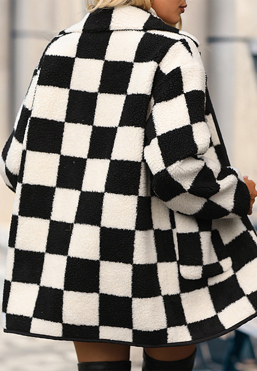 Fuzzy Plaid Pattern Button Down Coat