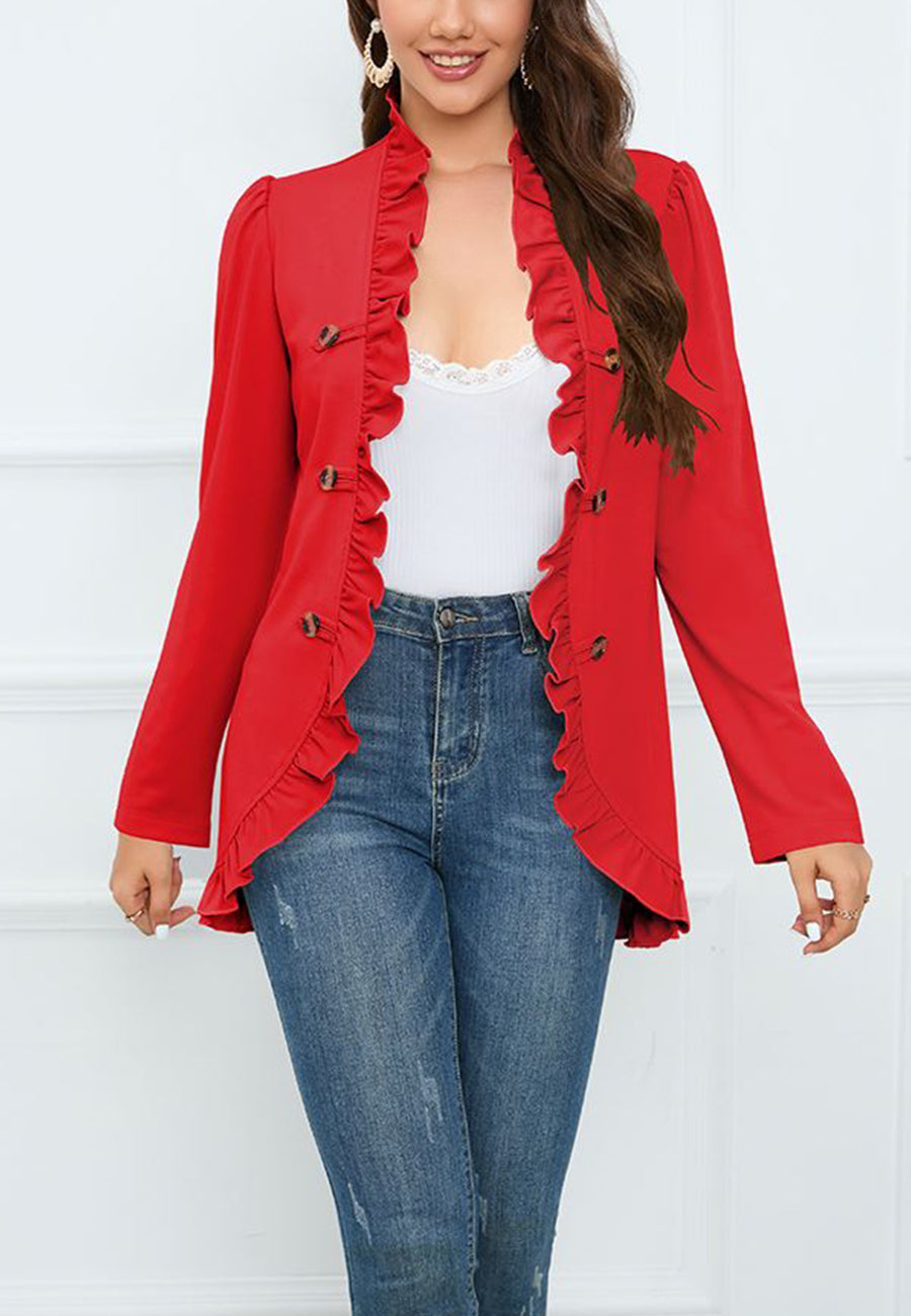 Abrigo con botones en contraste y ribete de volantes