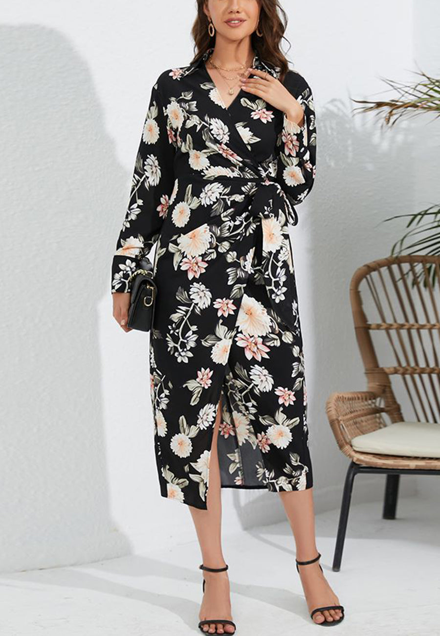 Floral Collared Surplice Neck Dress