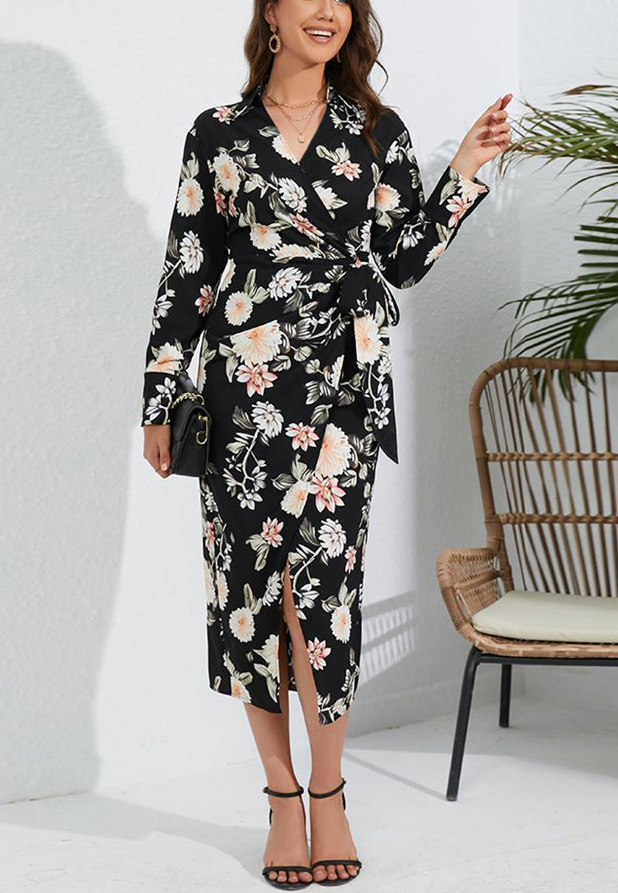 Floral Collared Surplice Neck Dress