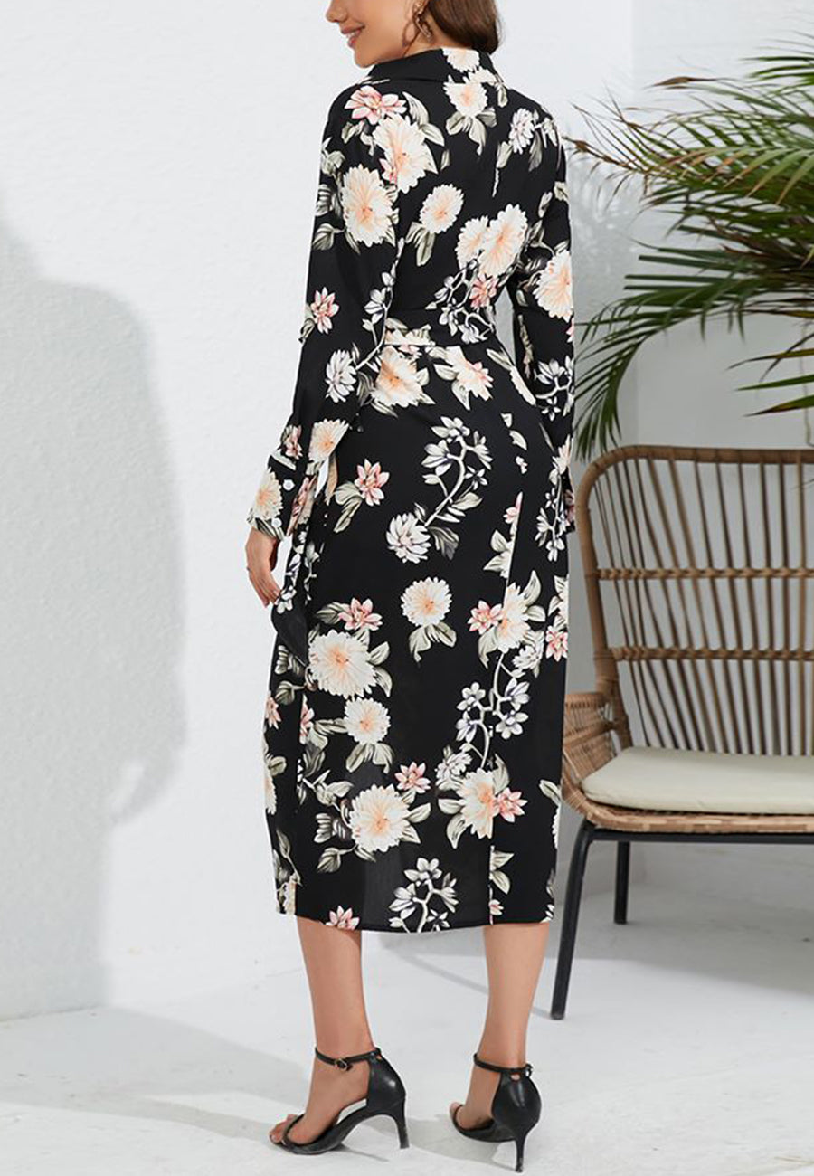 Floral Collared Surplice Neck Dress