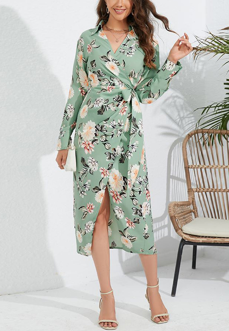 Floral Collared Surplice Neck Dress