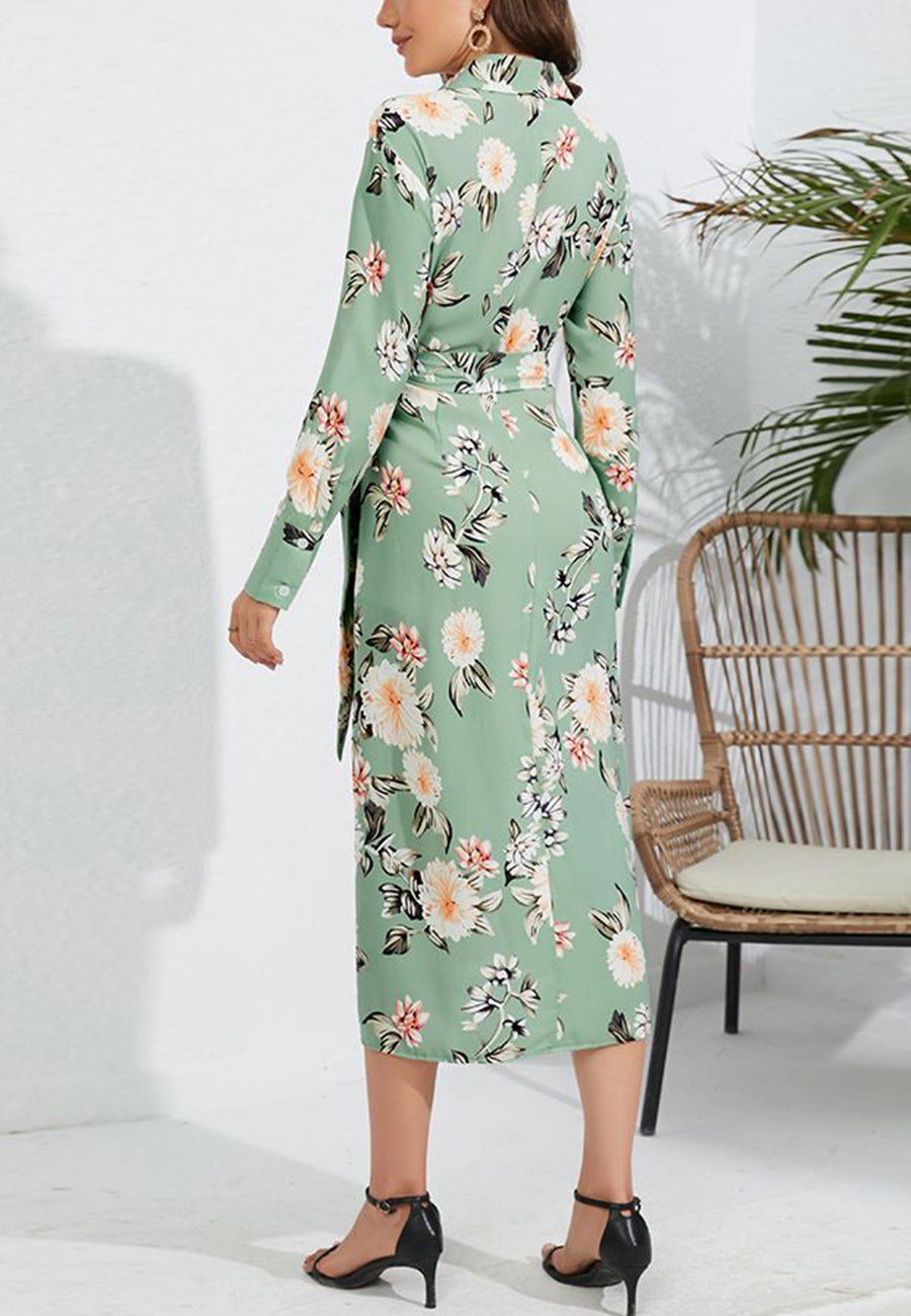 Floral Collared Surplice Neck Dress