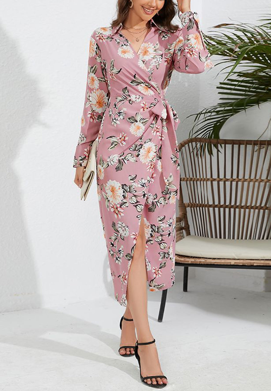 Floral Collared Surplice Neck Dress