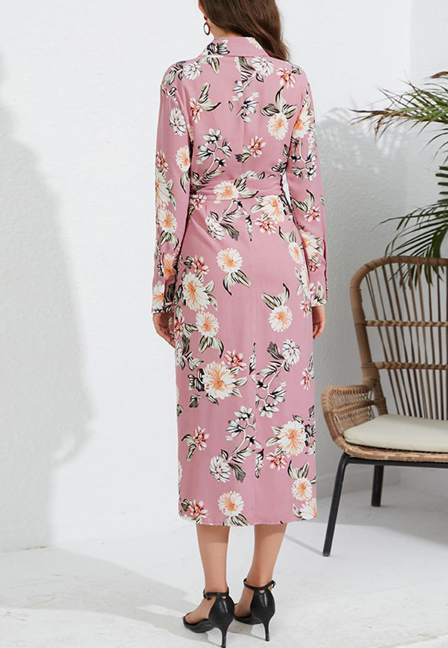 Floral Collared Surplice Neck Dress