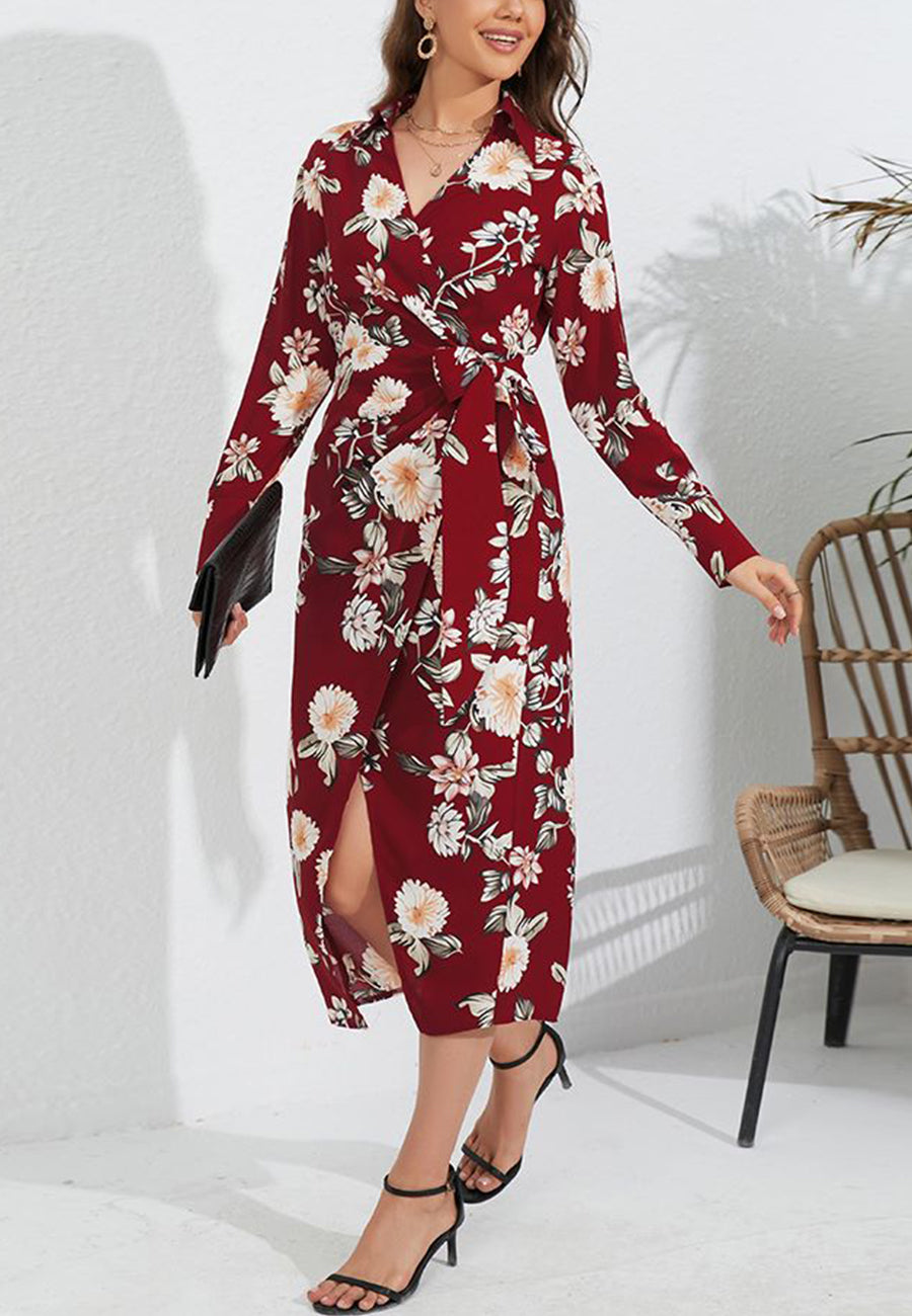 Floral Collared Surplice Neck Dress
