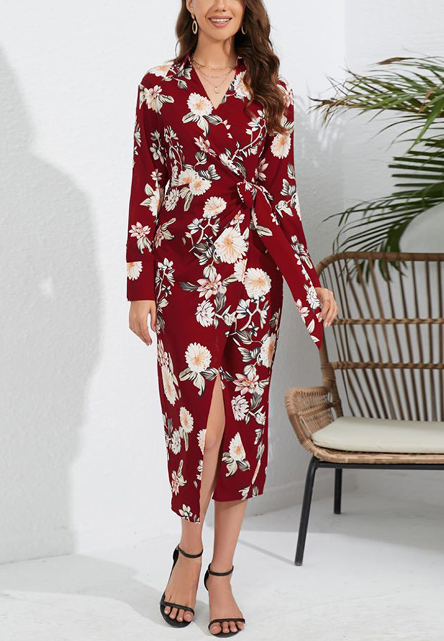Floral Collared Surplice Neck Dress