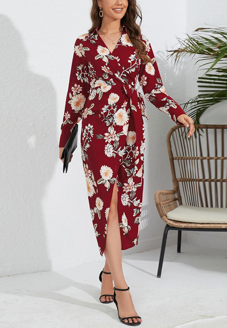 Floral Collared Surplice Neck Dress