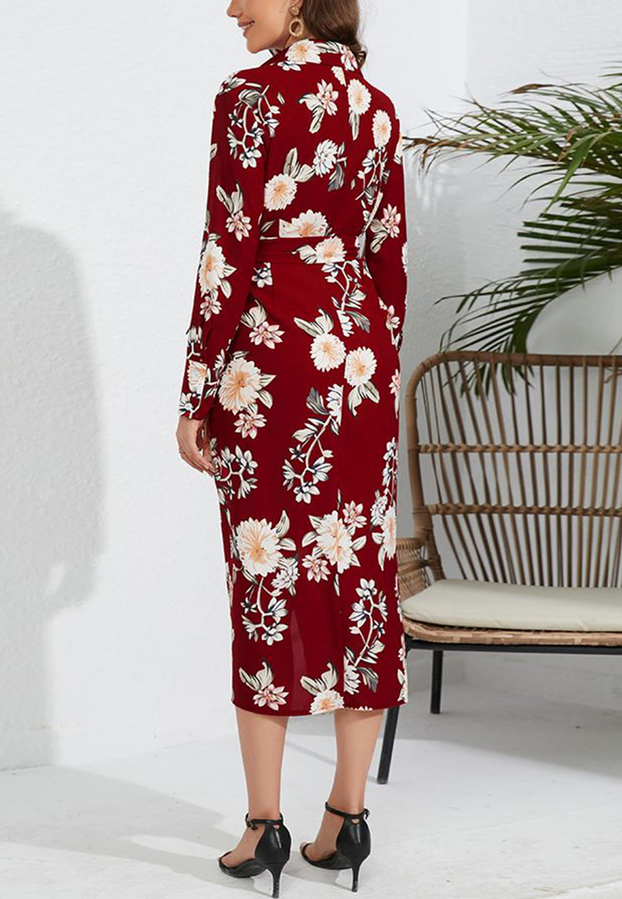 Floral Collared Surplice Neck Dress