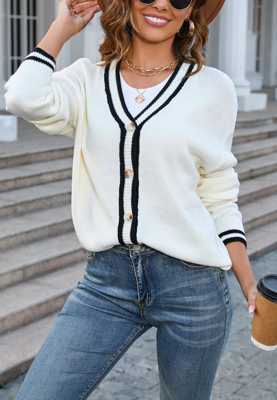 Contrast Varsity Striped Button Up Cardigan Sweater