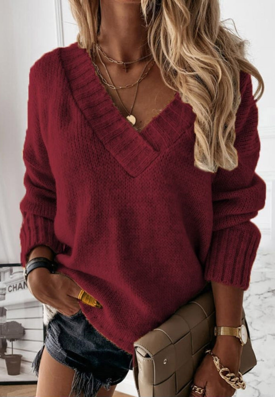 Wide V Neck Knitted Sweater