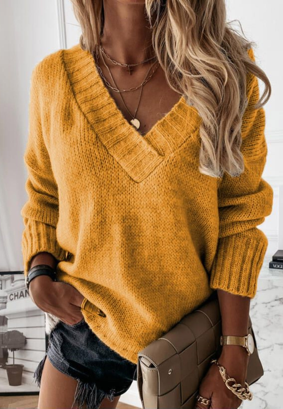 Wide V Neck Knitted Sweater