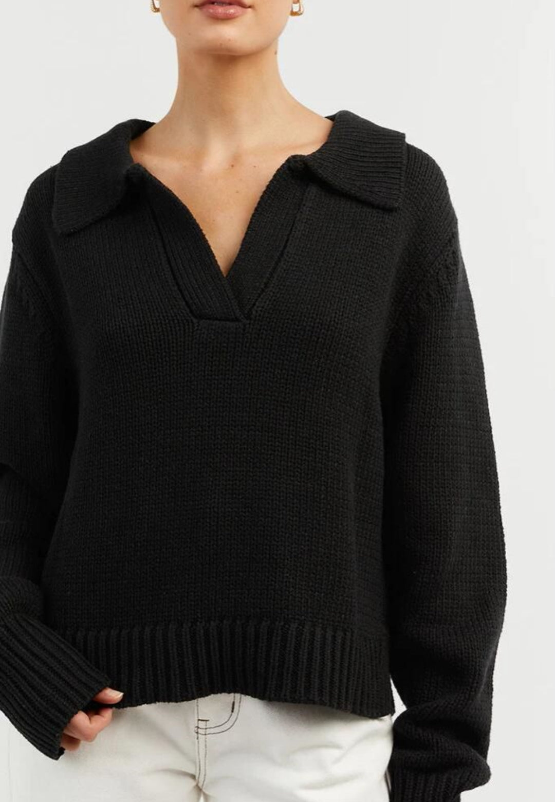 Solid Color Collared V Neck Long Sleeves Knitted Material Sweater for