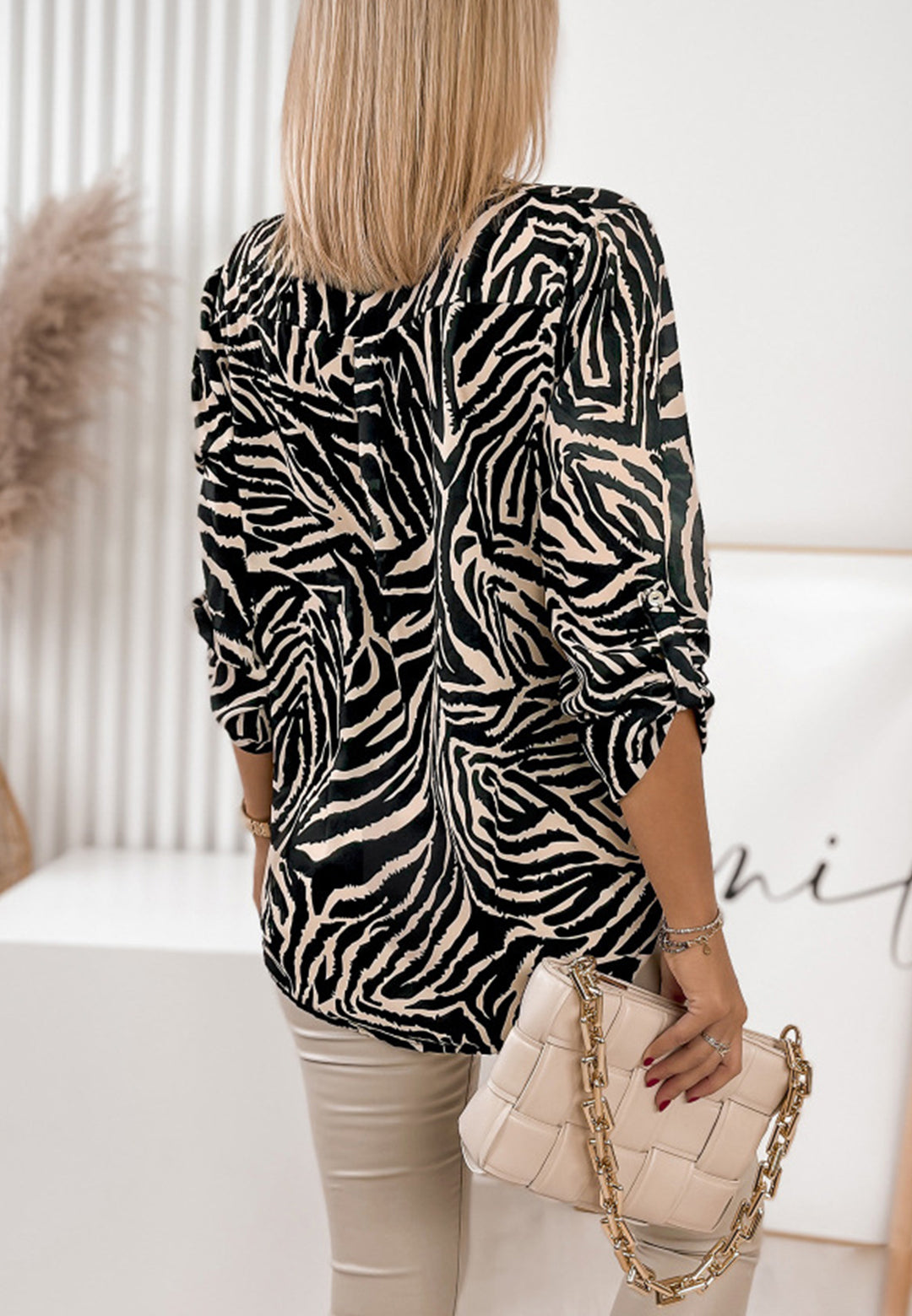 Mandarin Collar Elbow Sleeve Blouse