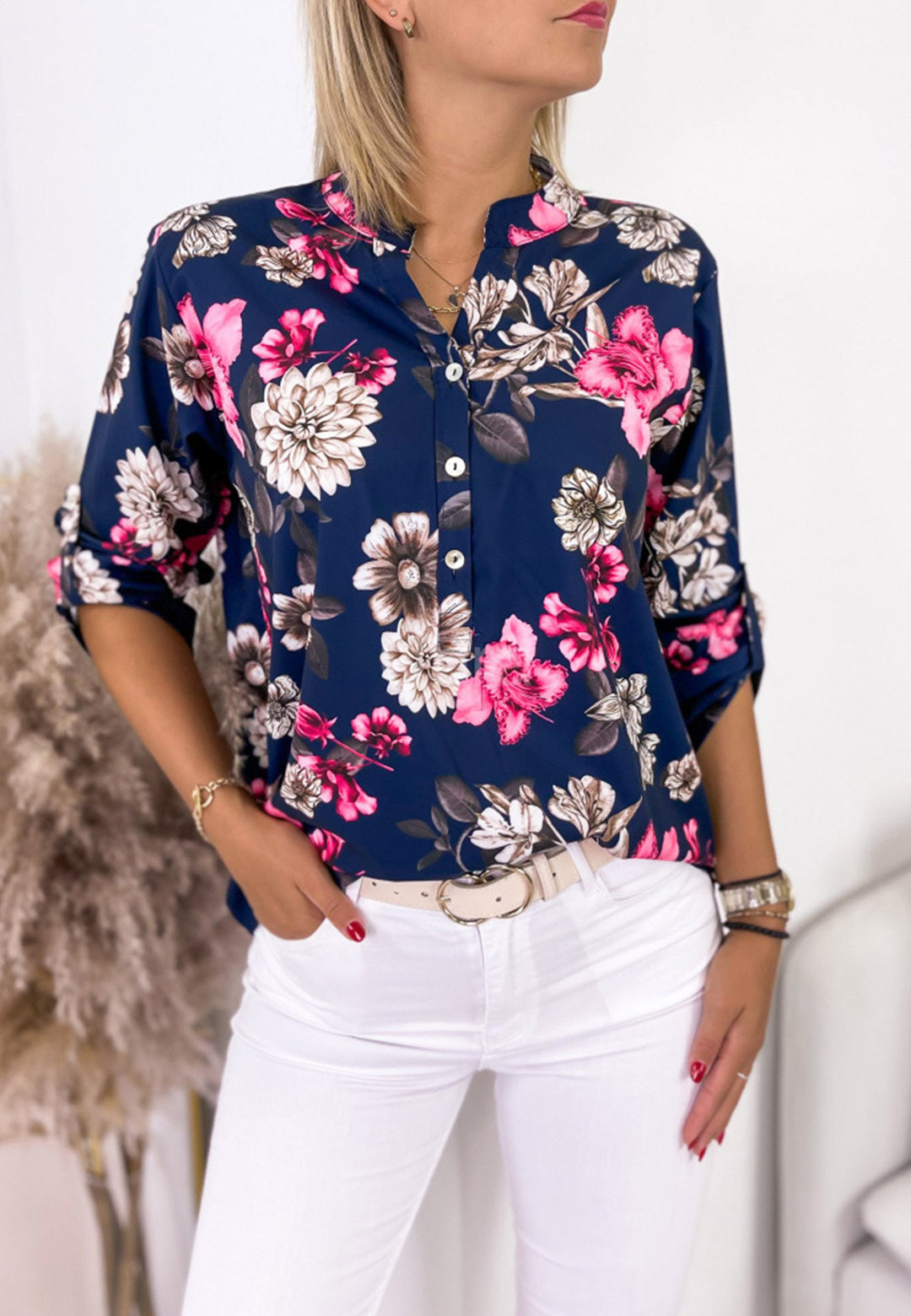 Mandarin Collar Elbow Sleeve Blouse