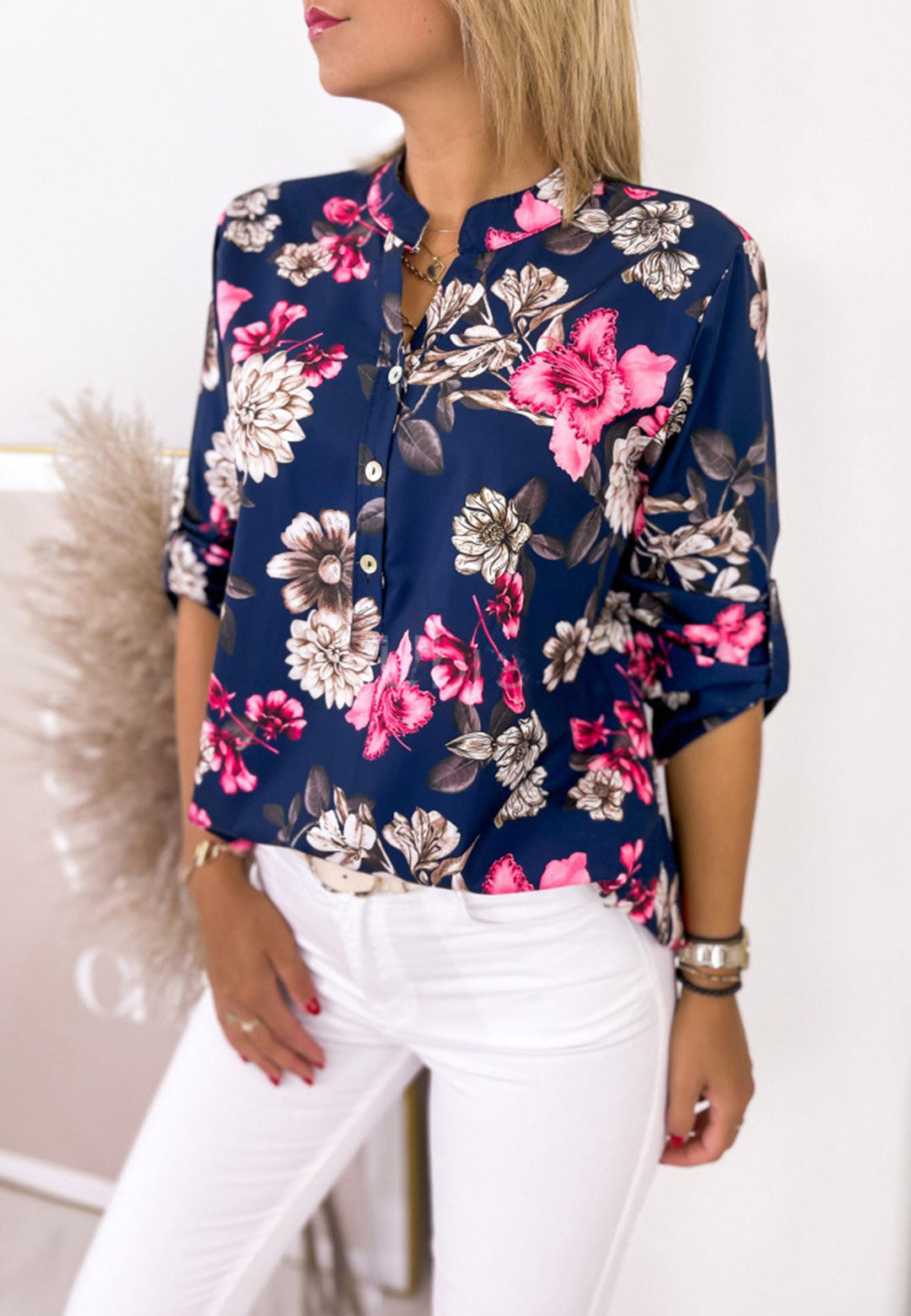 Mandarin Collar Elbow Sleeve Blouse