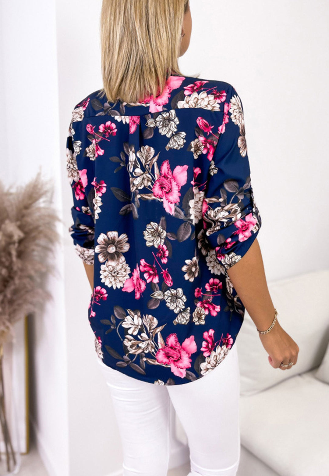 Mandarin Collar Elbow Sleeve Blouse