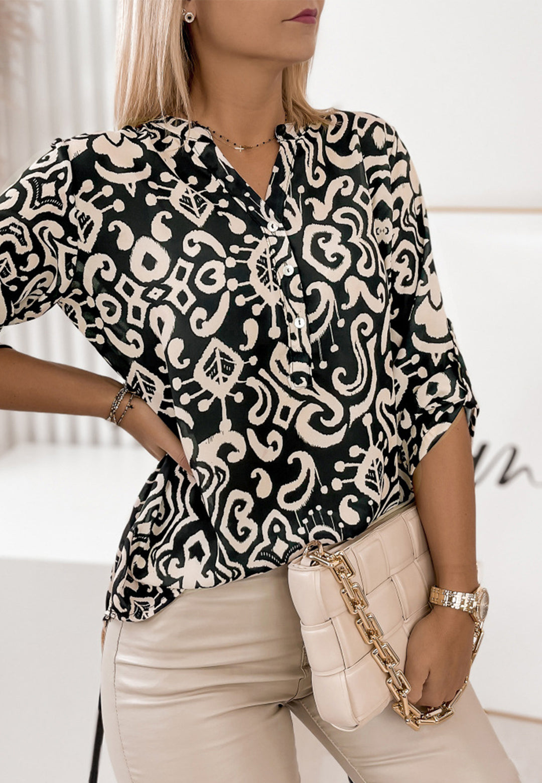 Mandarin Collar Elbow Sleeve Blouse