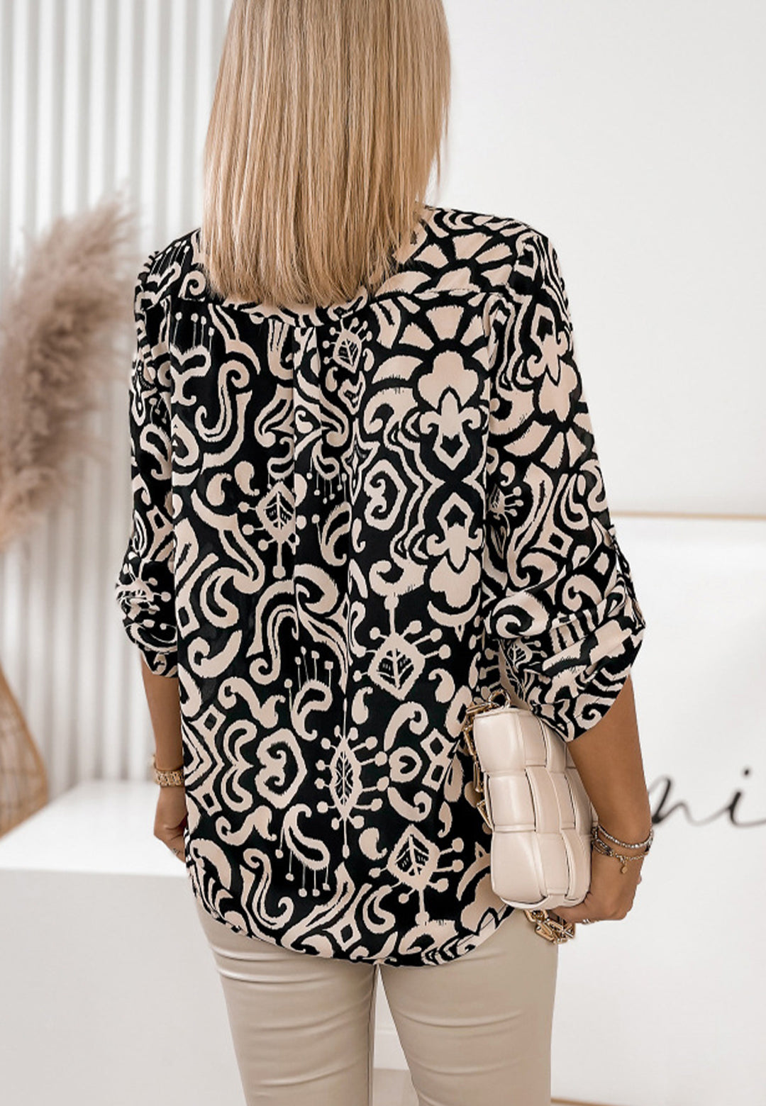 Mandarin Collar Elbow Sleeve Blouse