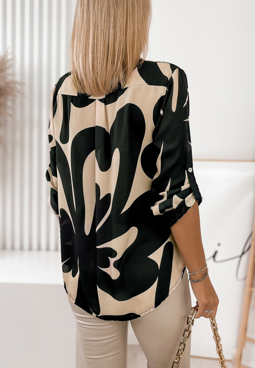 Mandarin Collar Elbow Sleeve Blouse