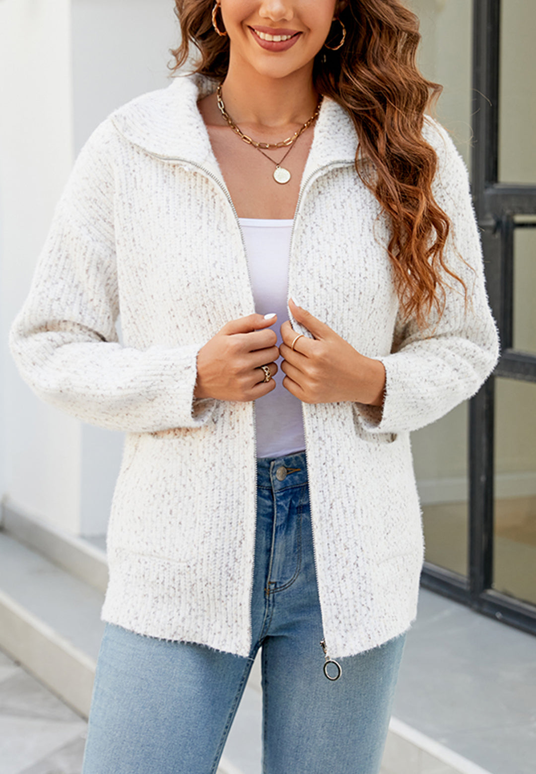 Textured Knit Zip-Up Classic Jacket