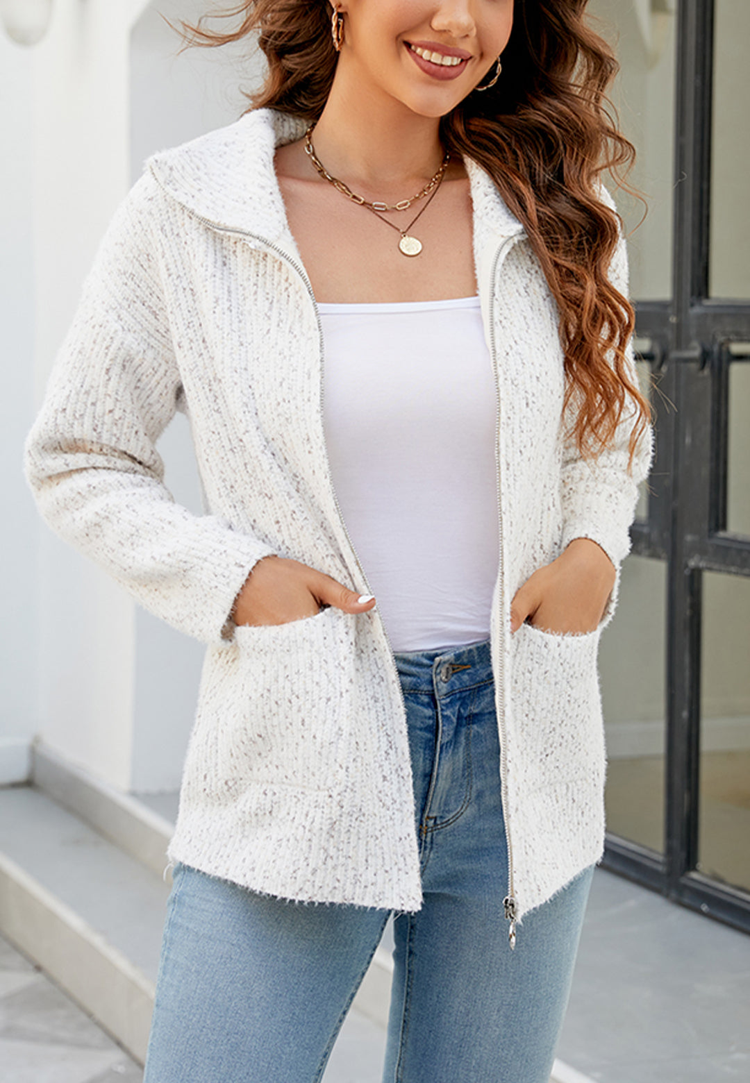 Textured Knit Zip-Up Classic Jacket