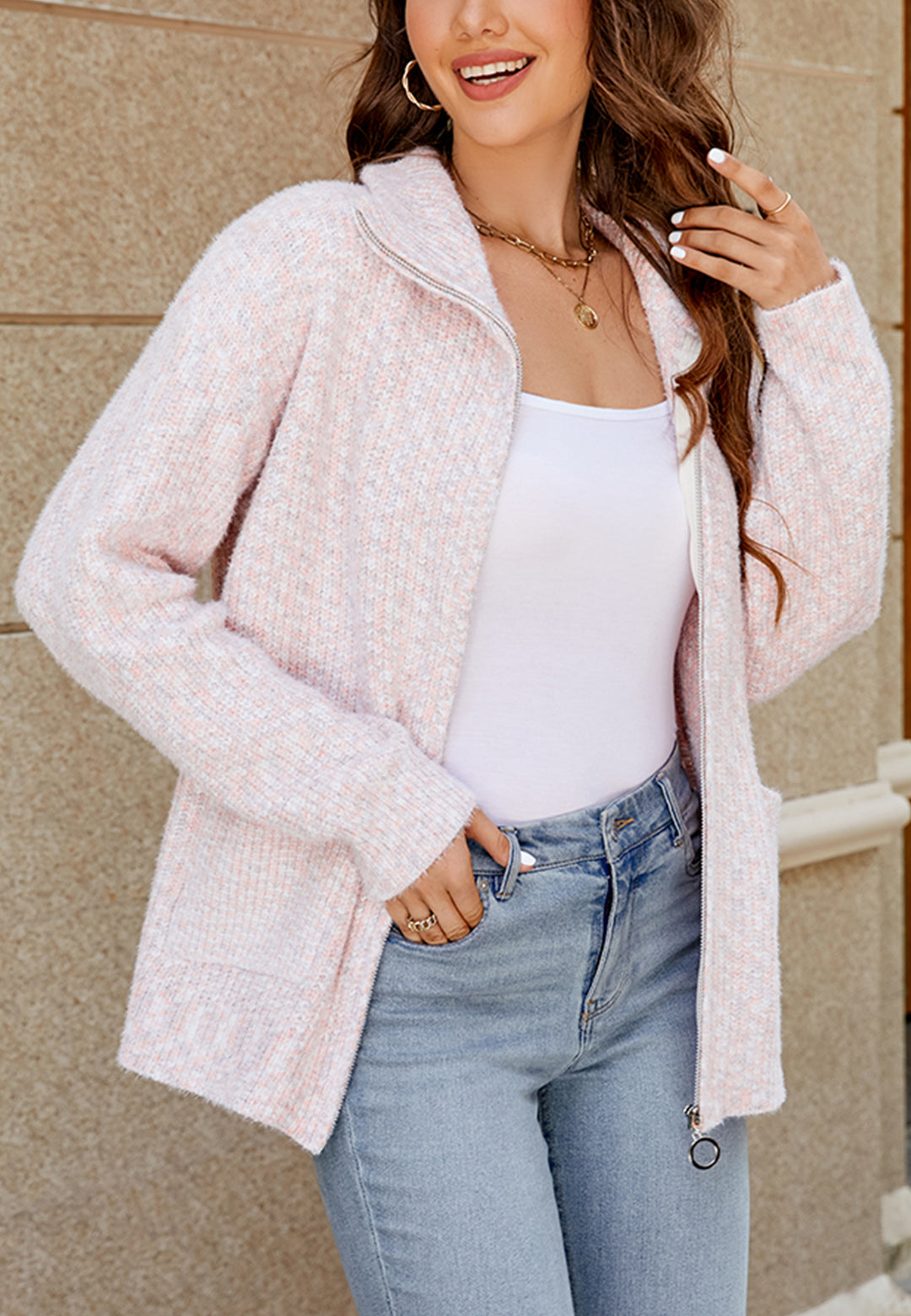 Textured Knit Zip-Up Classic Jacket