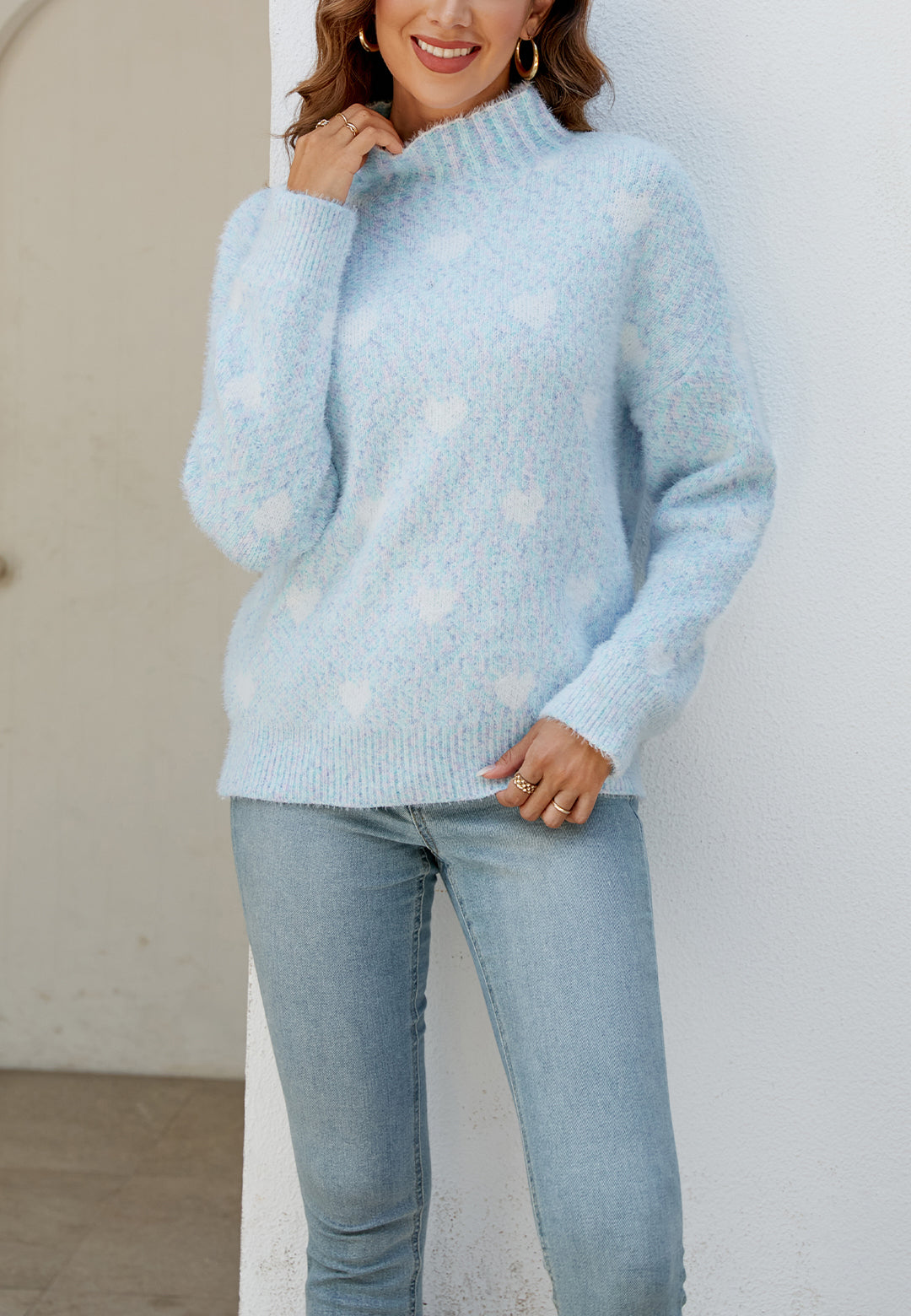 Heart Pattern Mock Neck Sweater