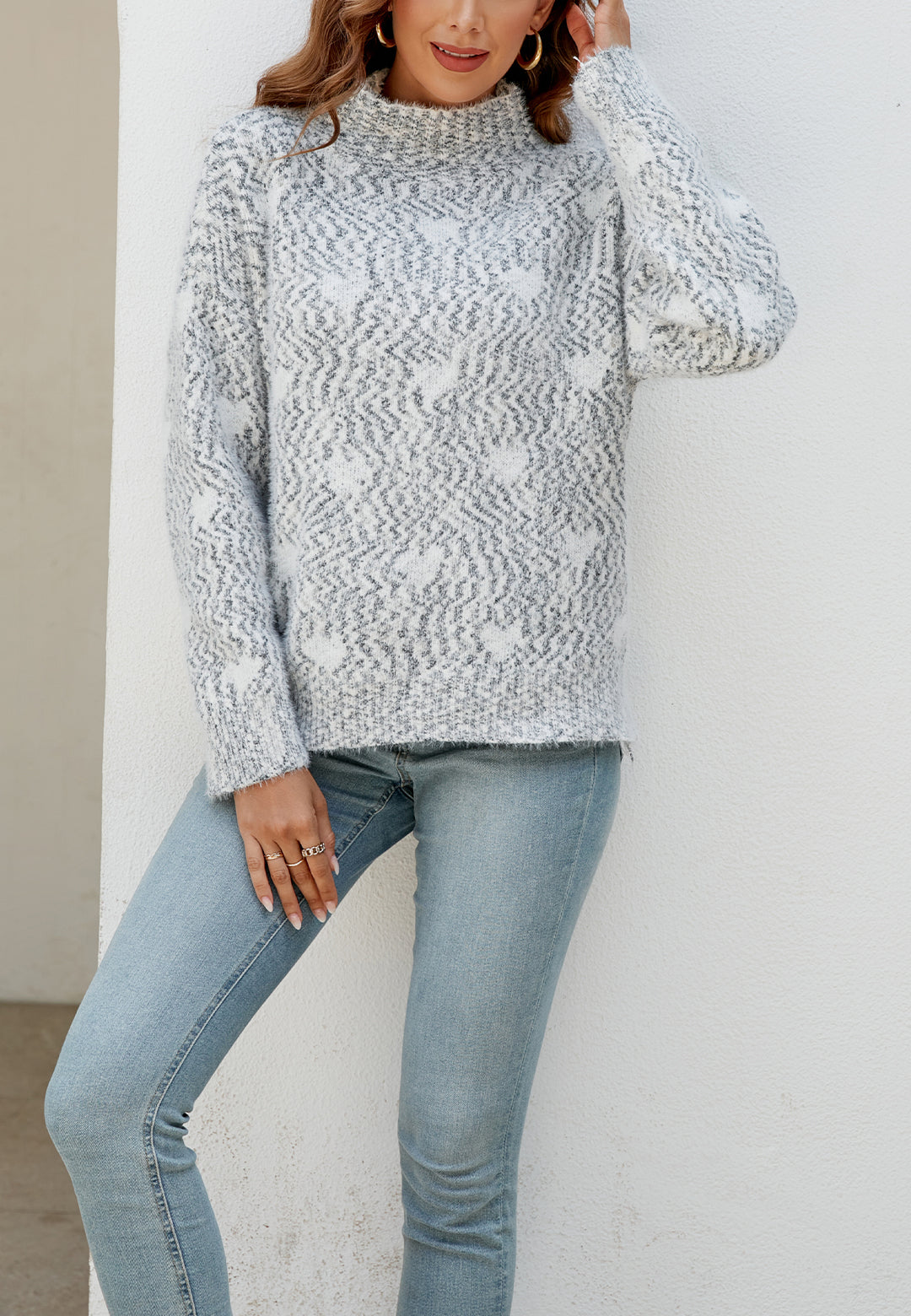 Heart Pattern Mock Neck Sweater