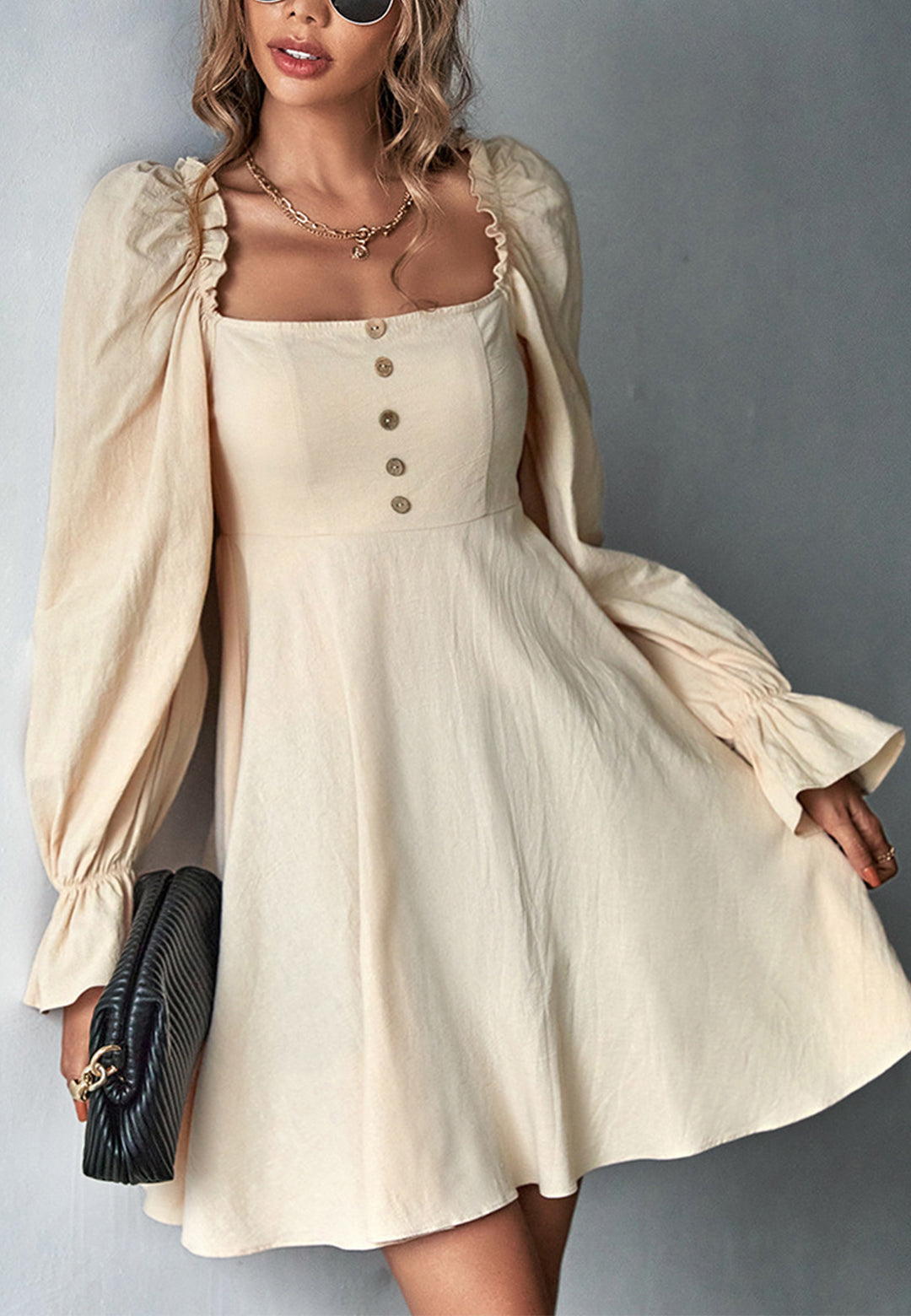 Square Neck Ruffle Cuff Button Dress for Women Above Knee Length – Anna