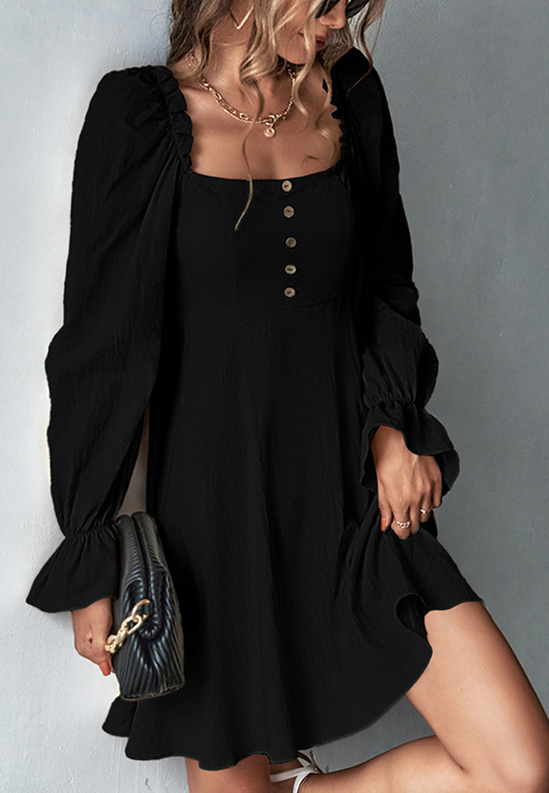 Square Neck Ruffle Cuff Dress