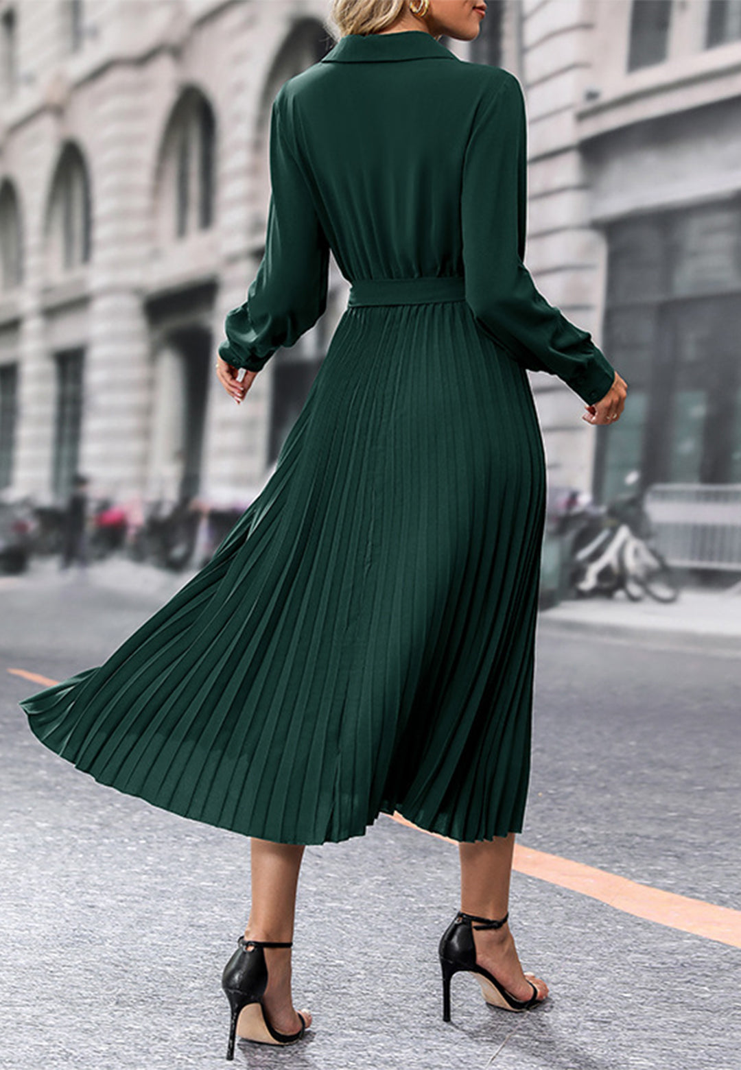 Surplice Neck Collared Pleated Dress