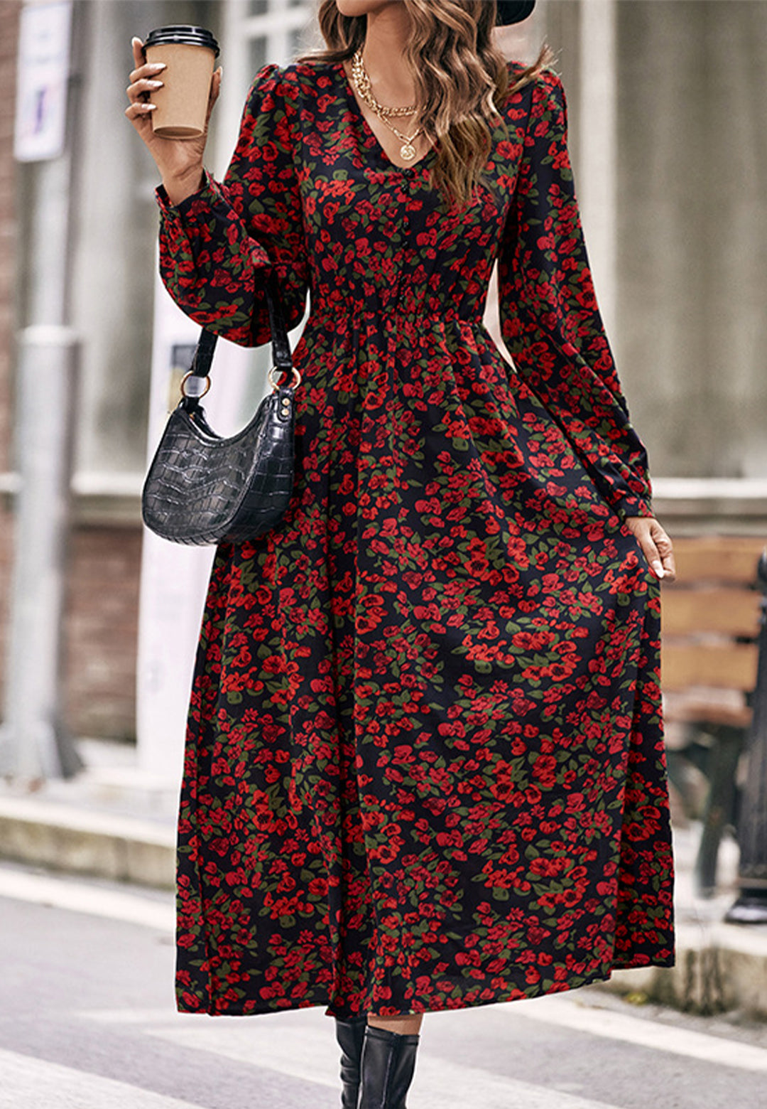 V-Neck Gathered Waist Puffed Sleeve Floral Dress