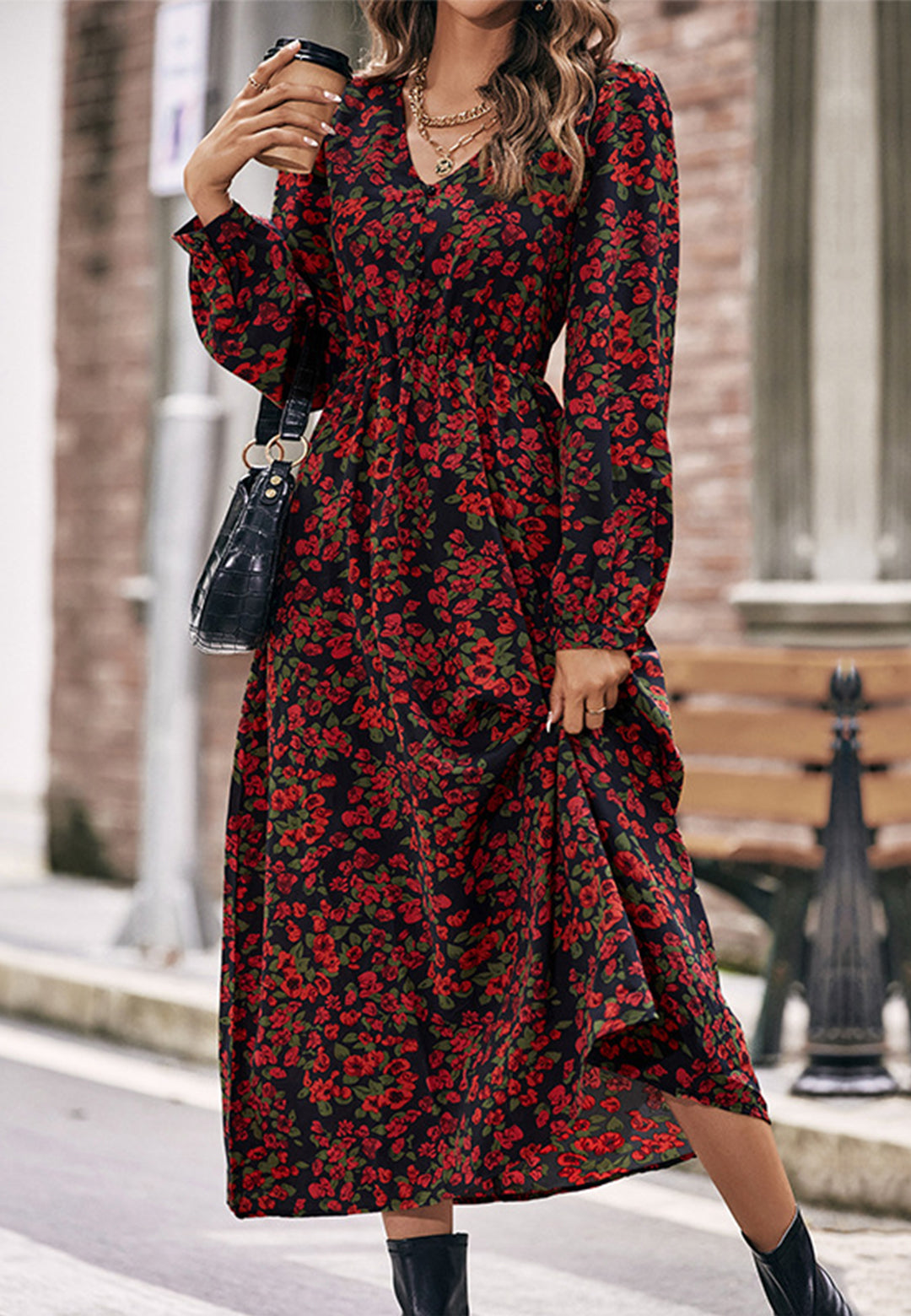 V-Neck Gathered Waist Puffed Sleeve Floral Dress
