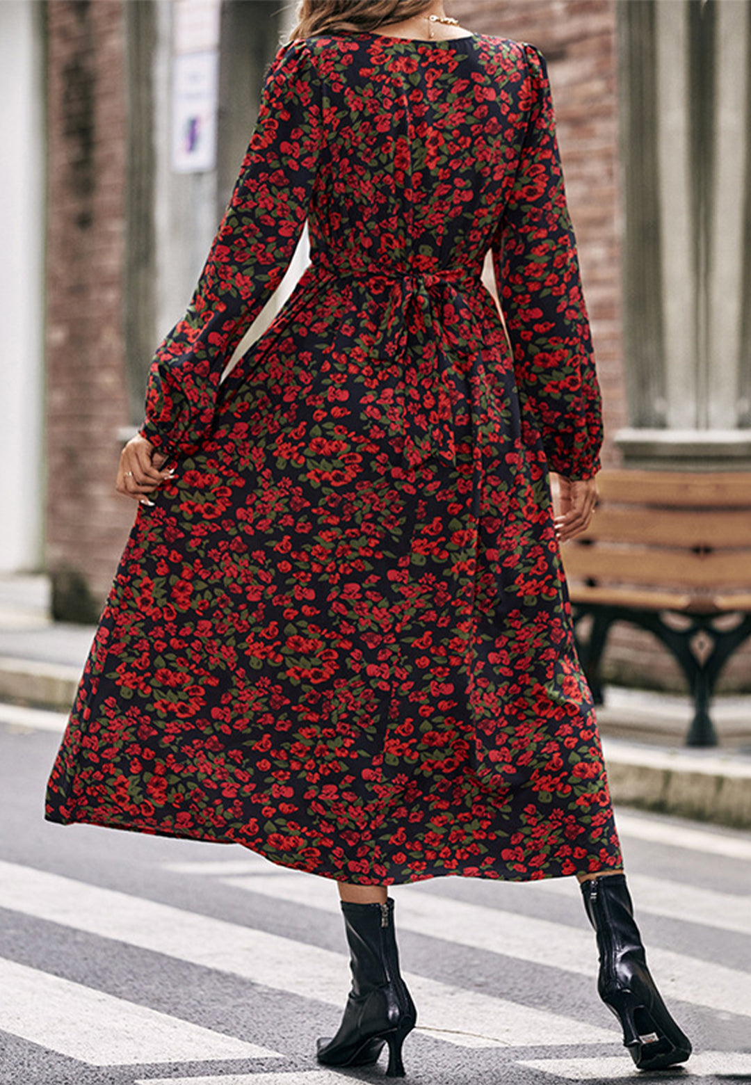 V-Neck Gathered Waist Puffed Sleeve Floral Dress