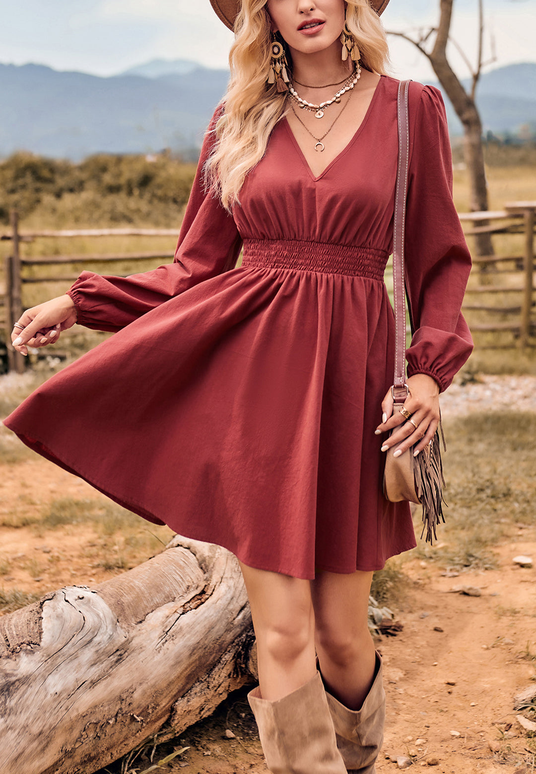 Vestido de cintura fruncida de color liso