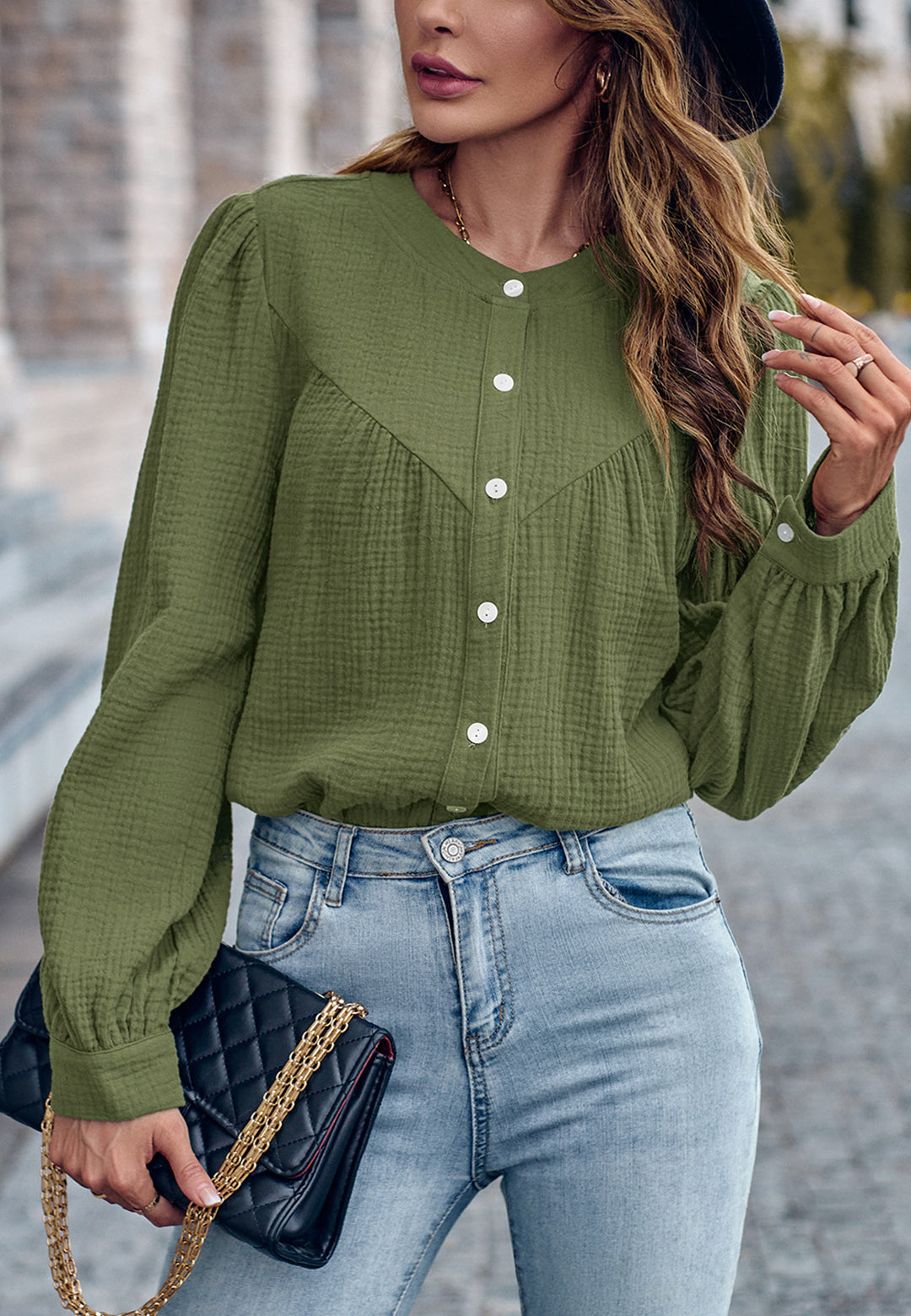 Round Neck Button Down Blouse