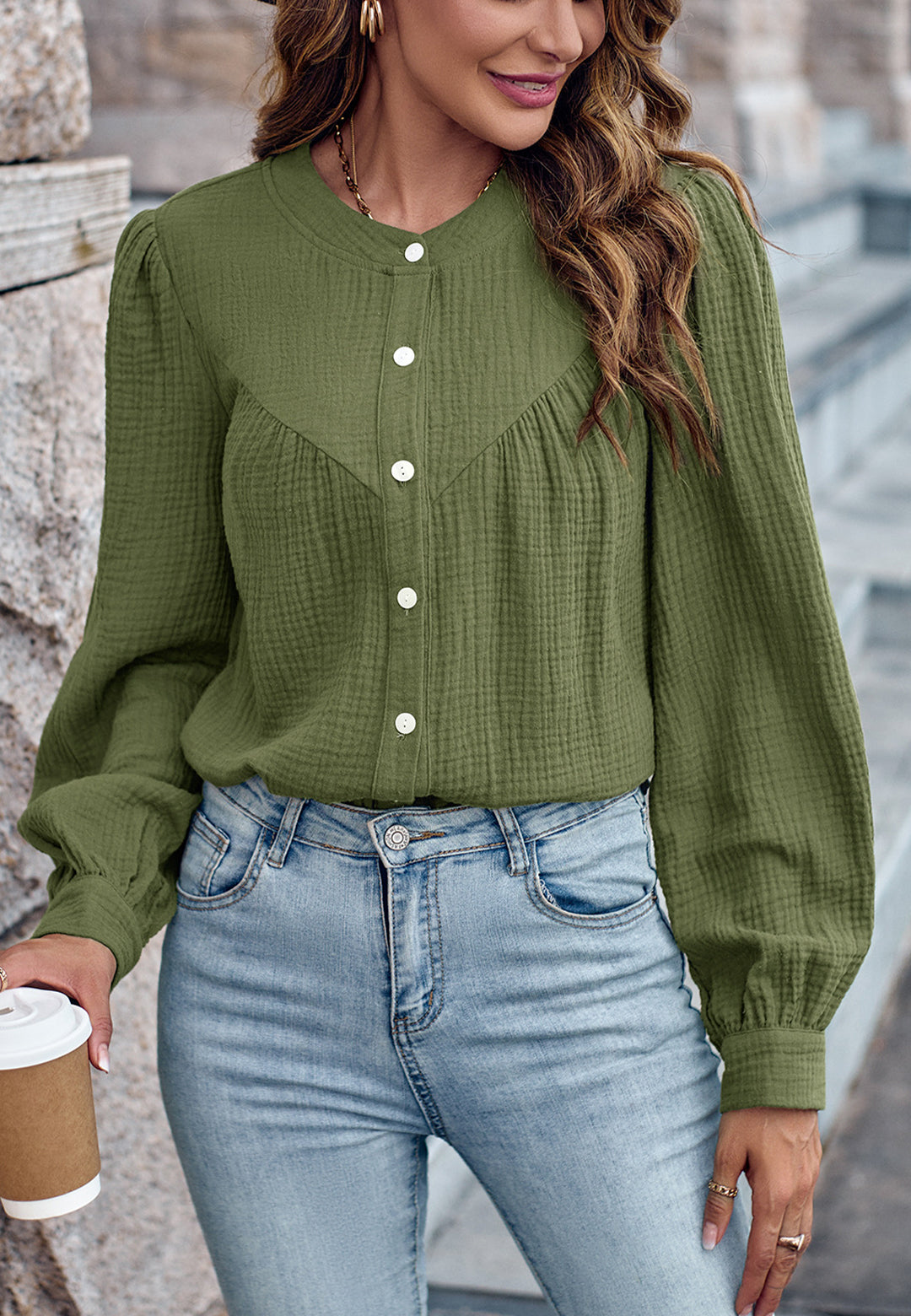 Round Neck Button Down Blouse
