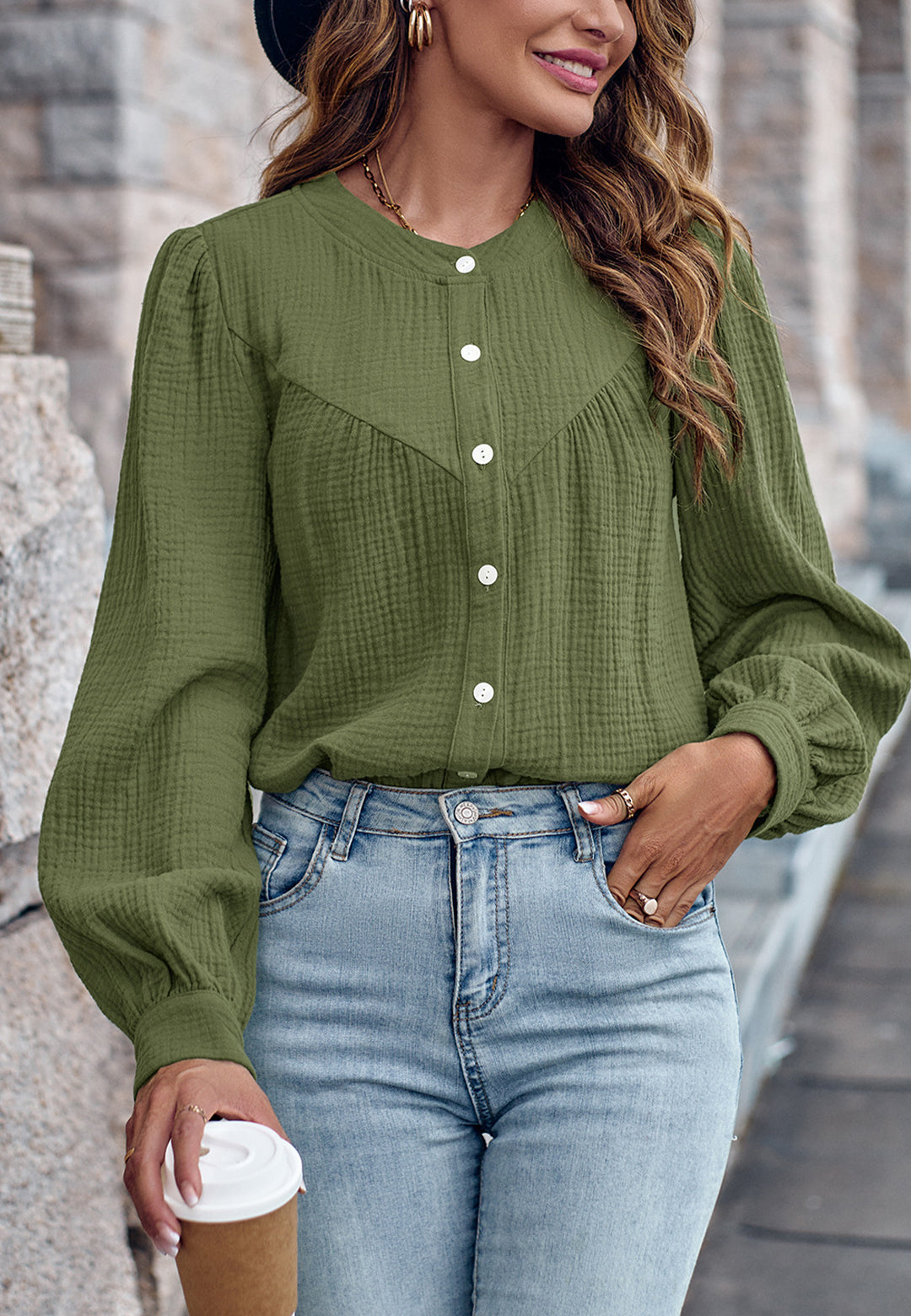 Round Neck Button Down Blouse