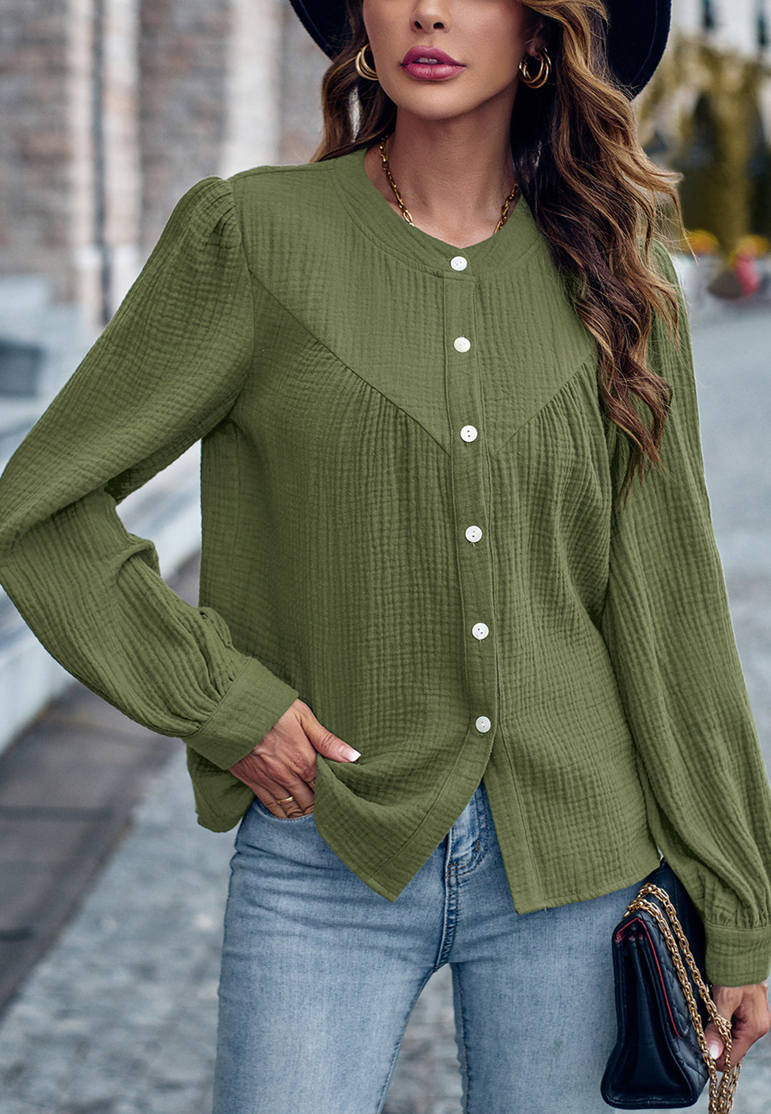 Round Neck Button Down Blouse