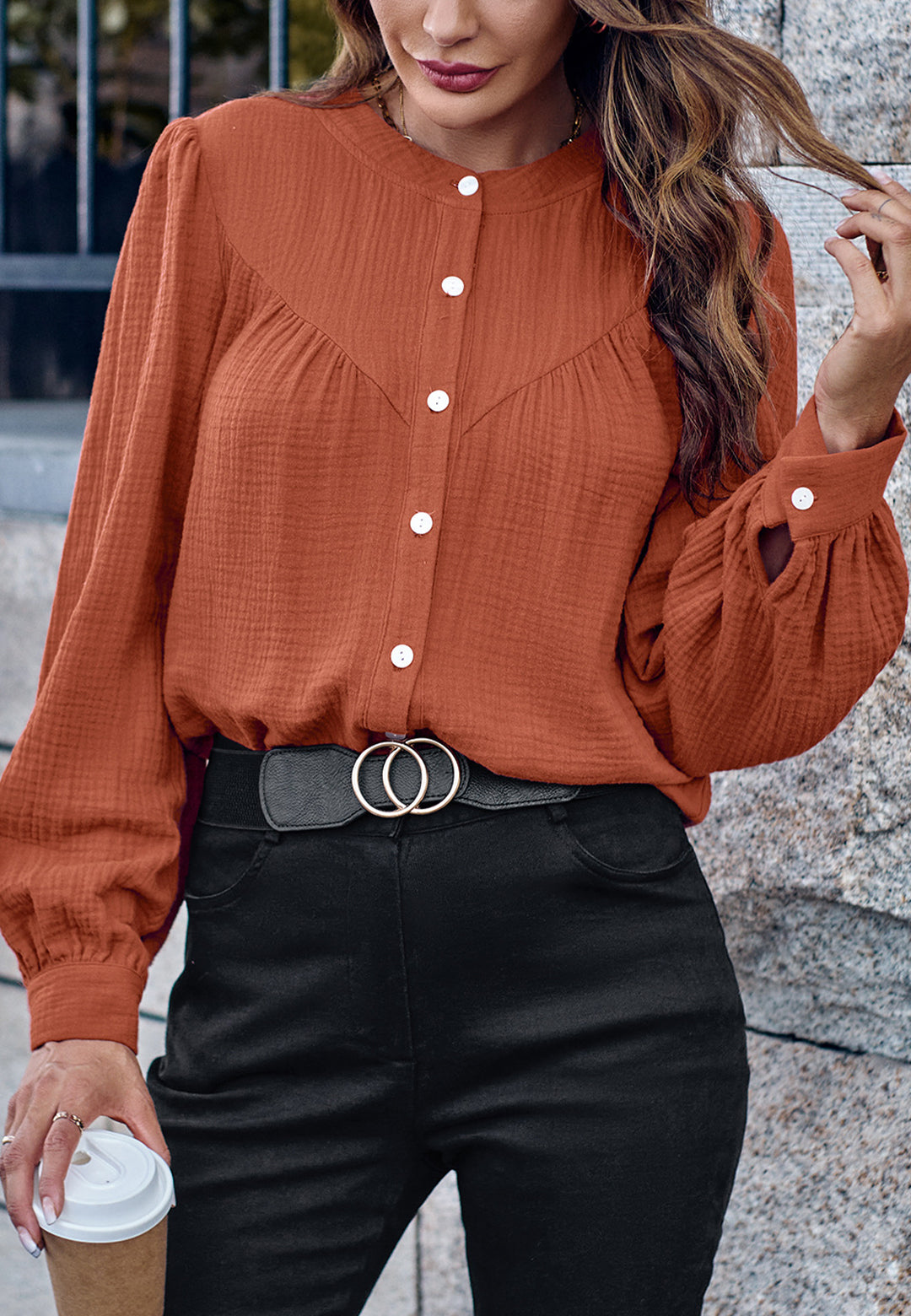 Round Neck Button Down Blouse